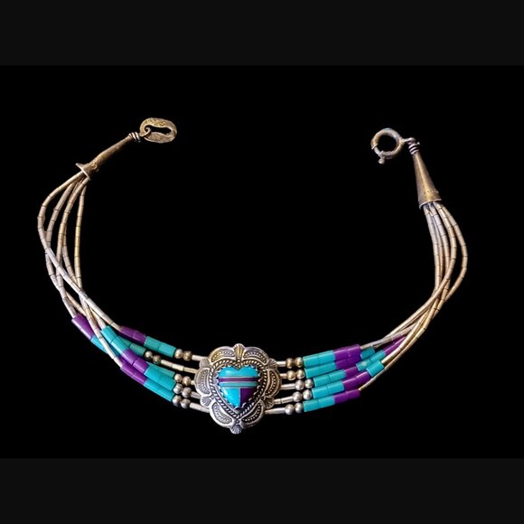 Navajo 925 Sterling Silver Liquid Silver 5 Strand Turquoise Heart Bracelet 7.25" - Picture 7 of 13